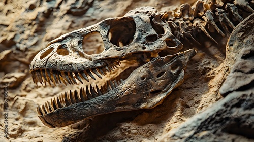 Detailed view of ancient fossil with huge dinosaur head skull in weathered rock. Outdoor find reflecting paleontology and historical curiosity photo