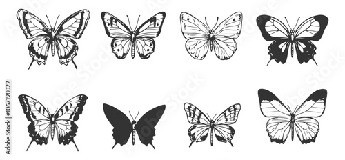 Whimsical hand-drawn butterfly line art collection in vector format, perfect for decorative and nature-inspired designs.