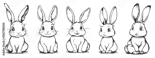 Set of charming hand-drawn rabbits in line art vector style, featuring cute and playful designs, ideal for Easter, spring, or nature-themed projects.