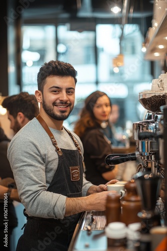 A smiling barista preparing coffee in a trendy coffee, using a modern espresso machine, with customers in the background