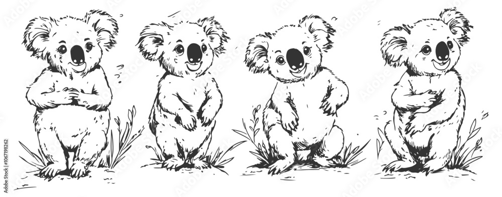 Fototapeta premium Set of delightful hand-drawn koalas in line art vector style, featuring various poses and expressions. Ideal for wildlife, Australian animal, and nature-themed designs.