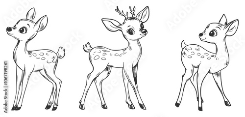 Set of delightful hand-drawn deer in line art vector style, featuring a fawn and mature deer. Ideal for nature-inspired designs, wildlife illustrations, and forest themes. photo