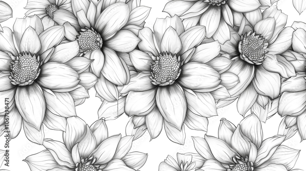 A black and white drawing of a flower with a white background. The flower is a dahlias and it is surrounded by other dahlias. A black and white drawing of a flower with a white background. The flower is a dahlias and it is surrounded by other dahlias.