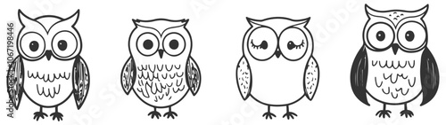Set of endearing hand-drawn owls in line art vector style, featuring intricate details in the feathers and eyes, ideal for minimalist nature designs.
