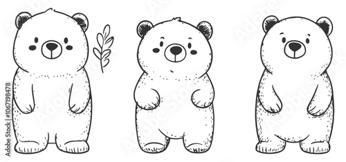 Set of lovable hand-drawn bears in line art vector style, featuring a bear cub with charming details and a playful expression, perfect for animal-themed designs and illustrations.