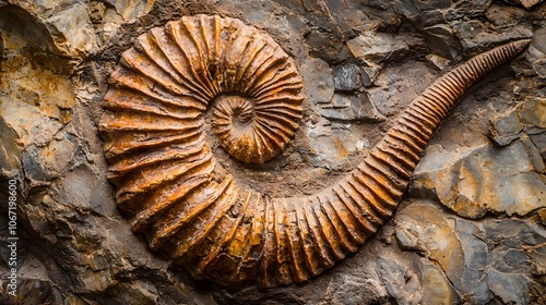 Preserved fossil of ammonite in textured stone surface. Outdoor geological and historical significance photo