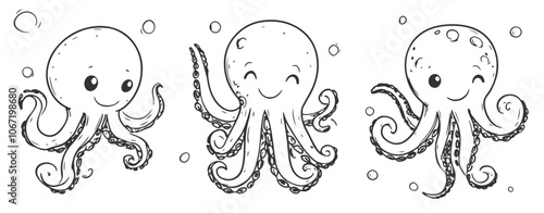 Set of lovable hand-drawn octopuses in line art vector style, featuring charming and playful octopus illustrations, perfect for ocean-themed designs. photo