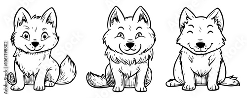 Set of playful hand-drawn wolves in line art style, depicting charming wolf pups as vector icons, perfect for children’s projects and wildlife illustrations.