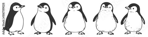 Set of sweet hand-drawn penguins in line art style, featuring a chick in vector form. The charming and minimalistic design emphasizes the playful nature of these birds, perfect for creative uses.