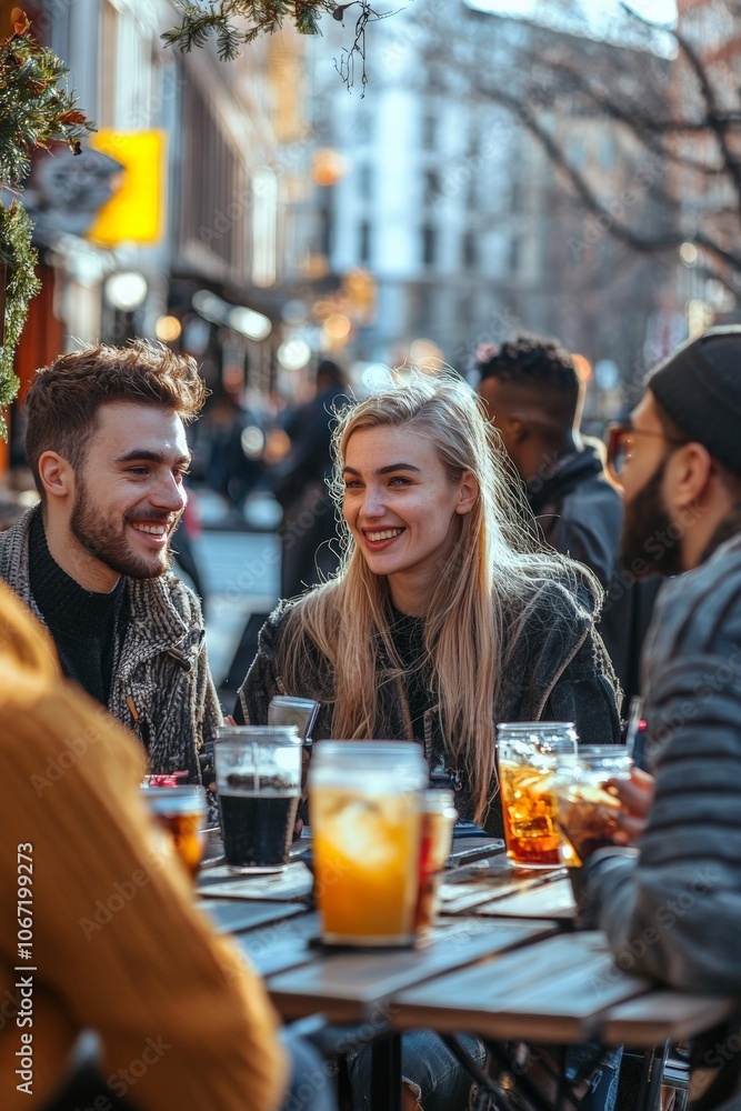 Friends sitting together at an outdoor cafe in the city, enjoying drinks and casual conversation Friends sitting together at an outdoor cafe in the city, enjoying drinks and casual conversation