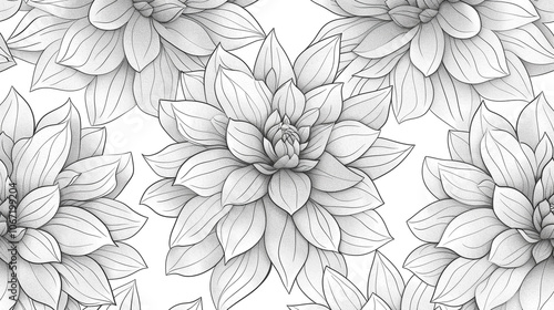 A black and white drawing of a flower with a white background. The flower is a dahlias and it is surrounded by other dahlias. 