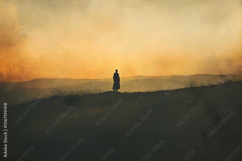 Fototapeta premium Lone Silhouette on Hilltop at Moody Twilight with Atmospheric Haze and Painterly Brushstrokes