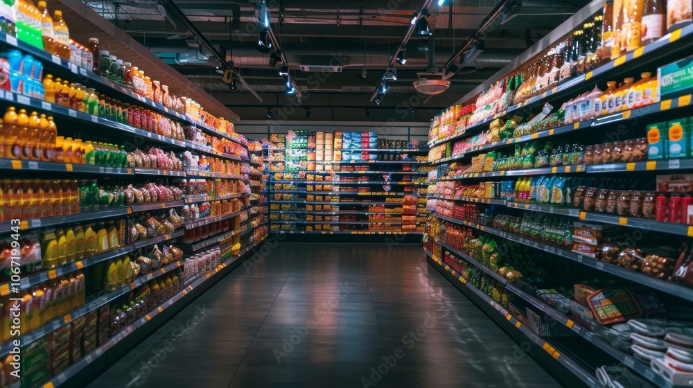 Wide aisle in a grocery store with fully stocked shelves Wide aisle in a grocery store with fully stocked shelves