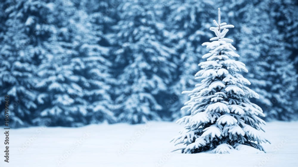 Snow-covered pine tree in a serene winter forest. Falling snowflakes enhance the peaceful, cold atmosphere of this snowy landscape. Snow-covered pine tree in a serene winter forest. Falling snowflakes enhance the peaceful, cold atmosphere of this snowy landscape.