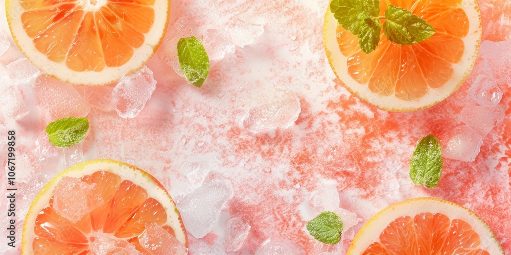 Slices of juicy grapefruit with ice cubes and mint leaves. A refreshing composition with a vibrant orange and pink color palette.