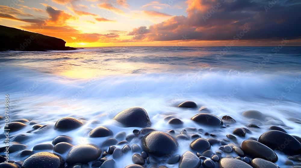 Smooth, dark pebbles on a beach at sunset with waves washing over them. Smooth, dark pebbles on a beach at sunset with waves washing over them.