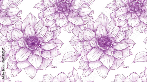 A black and white drawing of a flower with a white background. The flower is a dahlias and it is surrounded by other dahlias. 