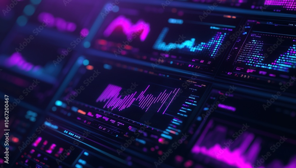 A close-up of multiple computer screens displaying dynamic data visualizations and graphs A close-up of multiple computer screens displaying dynamic data visualizations and graphs