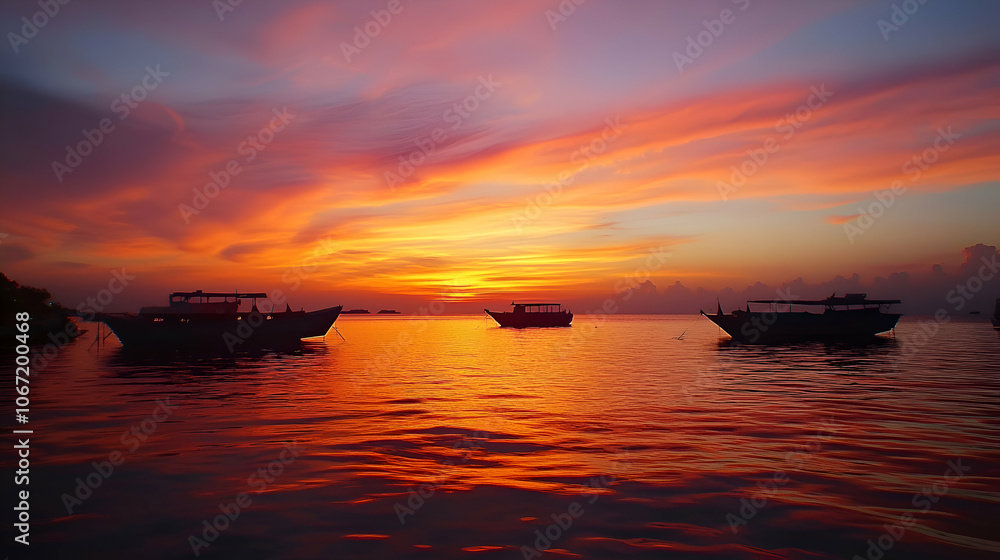 Three boats at anchor on a calm ocean at sunset with a colorful sky. Three boats at anchor on a calm ocean at sunset with a colorful sky.