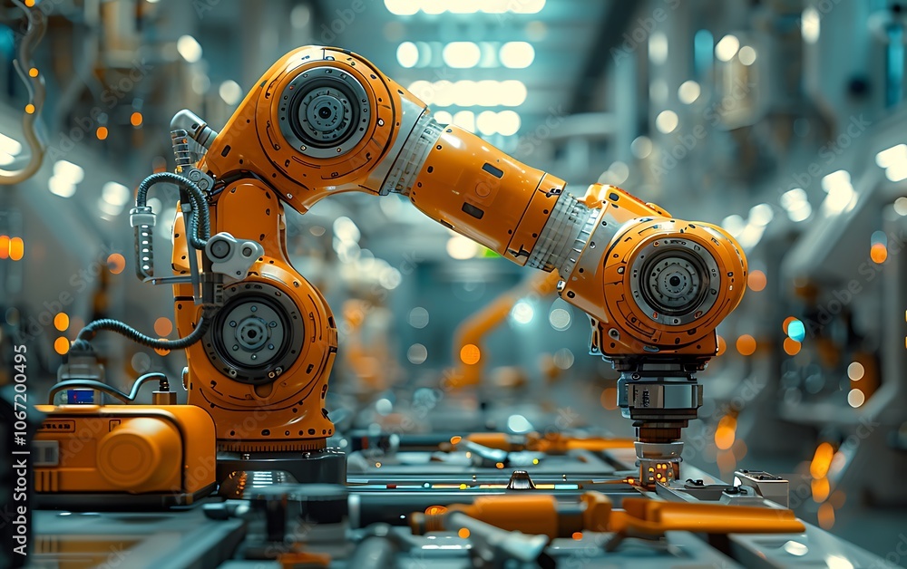 A robotic arm operates within an industrial setting, showcasing advanced automation and technology in a modern manufacturing environment. A robotic arm operates within an industrial setting, showcasing advanced automation and technology in a modern manufacturing environment.
