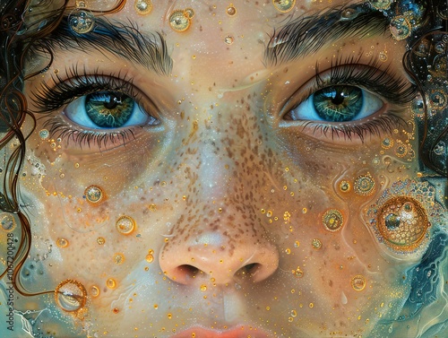 Close-Up Portrait of a Woman's Face with Water and Bubbles - Surreal and Dreamy Artwork