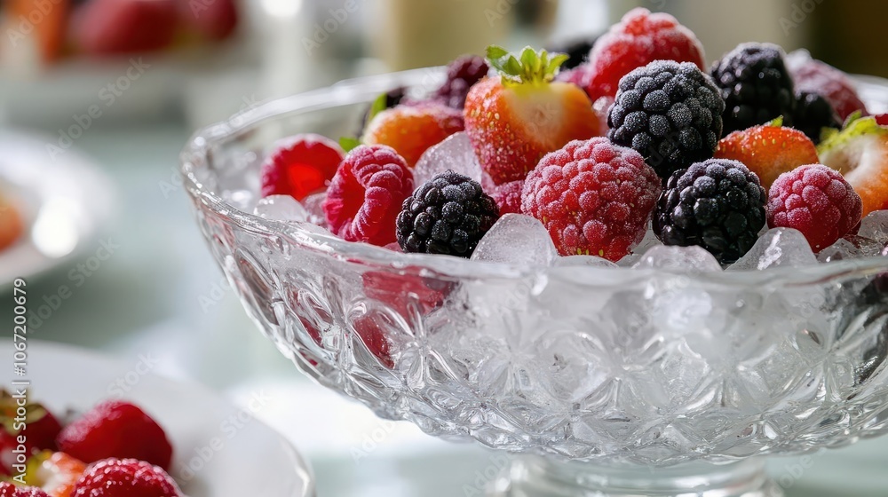 A glass bowl filled with colorful berries and crushed ice, served as a chilled dessert A glass bowl filled with colorful berries and crushed ice, served as a chilled dessert