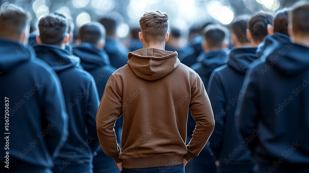 The man in the brown hoodie is surrounded by a crowd of people all wearing dark blue hoodies, standing with his hands in his pockets as he gazes out into the distance The man in the brown hoodie is surrounded by a crowd of people all wearing dark blue hoodies, standing with his hands in his pockets as he gazes out into the distance