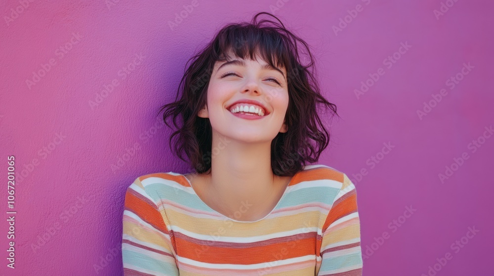 Cheerful woman smiling, wearing a casual striped shirt, in a vivid and colorful space with a soft pastel purple tone background Cheerful woman smiling, wearing a casual striped shirt, in a vivid and colorful space with a soft pastel purple tone background