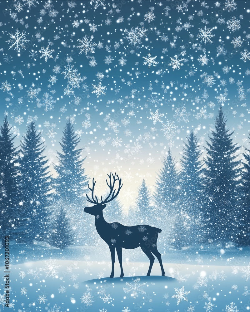 Reindeer silhouette in the snowy forest, against a serene backdrop of snow-laden pines with delicate snowflakes drifting around, creating a mystical winter atmosphere. Reindeer silhouette in the snowy forest, against a serene backdrop of snow-laden pines with delicate snowflakes drifting around, creating a mystical winter atmosphere.