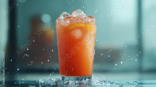 A refreshing summer drink topped with crushed ice, condensation forming on the glass photo