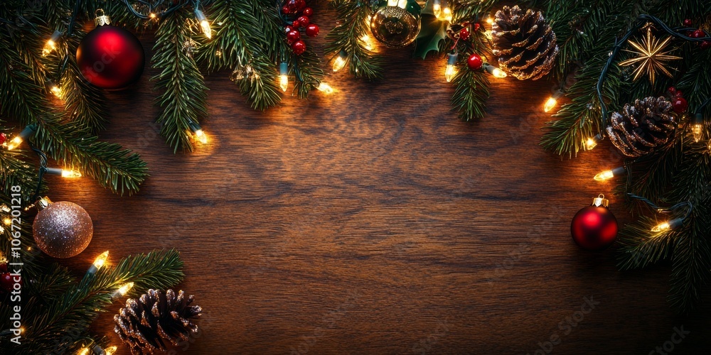Festive Christmas garland with baubles, pine cones, and glowing fairy lights on a dark wooden background. A warm and rustic holiday setting. Festive Christmas garland with baubles, pine cones, and glowing fairy lights on a dark wooden background. A warm and rustic holiday setting.
