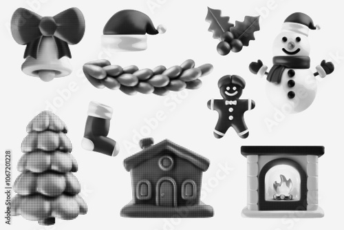 Adobe IllusSilhouette christmas holiday elements in monochrome halftone or stippling style. Fireplace, xmas tree, snowman, gingerman. Set retro graphic toys with photocopy grunge effectstrator Artwork