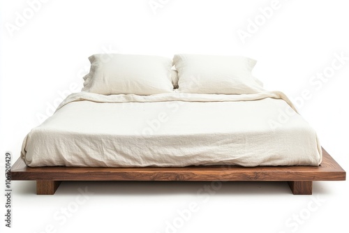 A bed with white linen sheets and two pillows, white background, minimalist, modern design, pure wood texture