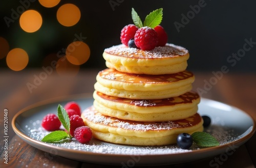 a stack of pancakes laid out in the shape of a Christmas tree with berries photo