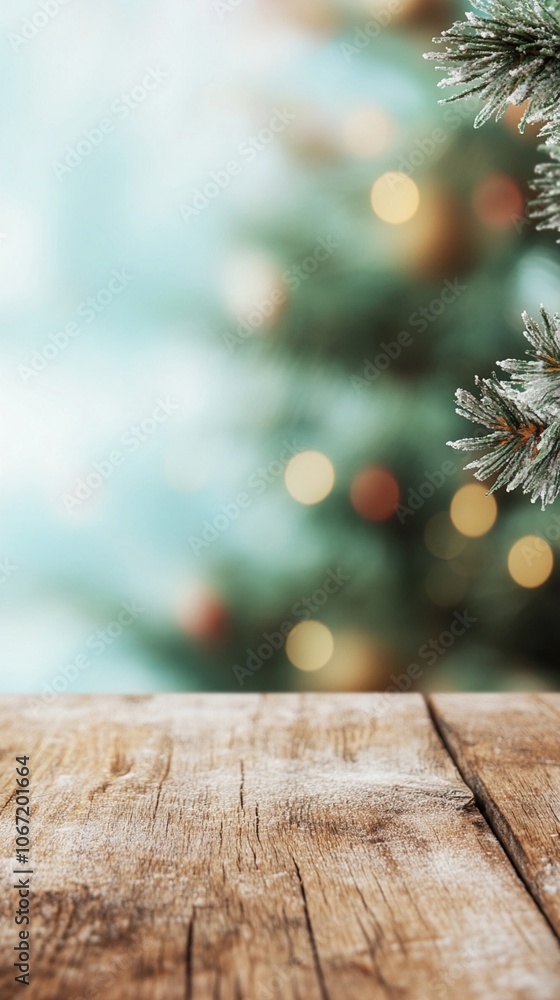 Festive winter scene with rustic wooden table in foreground, blurred Christmas tree with twinkling lights and frosty pine branches in background. Festive winter scene with rustic wooden table in foreground, blurred Christmas tree with twinkling lights and frosty pine branches in background.