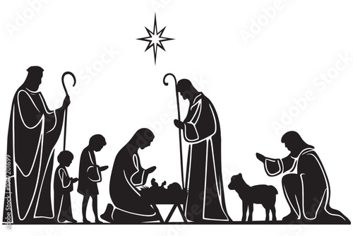 Christmas nativity scene with baby Jesus, Mary and Joseph in the manger. Black silhouette.Traditional christian christmas story. Vector illustration 