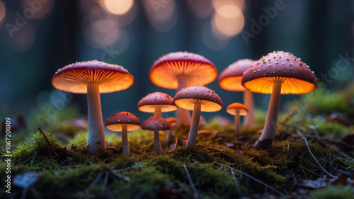 Glowing mushrooms illuminate a forest floor at twilight, creating a magical atmosphere