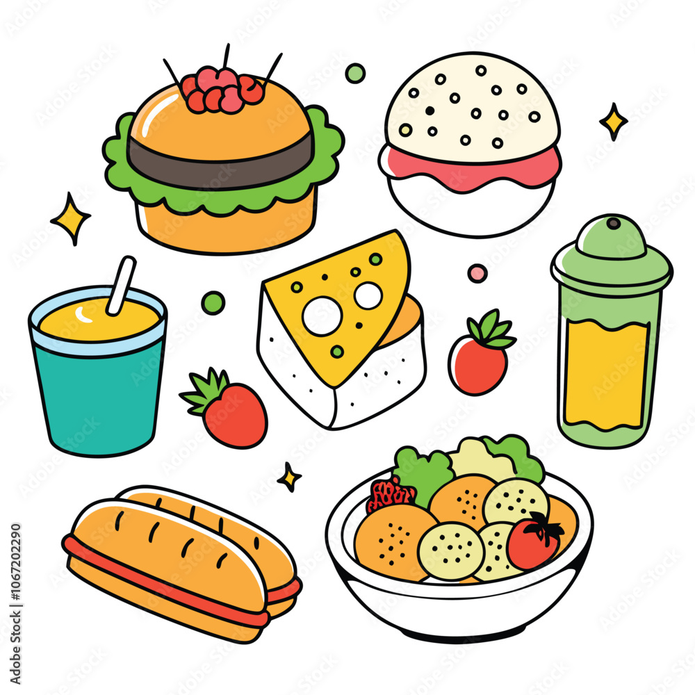 Hand drawn lunch food vector art collection on white background for healthy food project Hand drawn lunch food vector art collection on white background for healthy food project