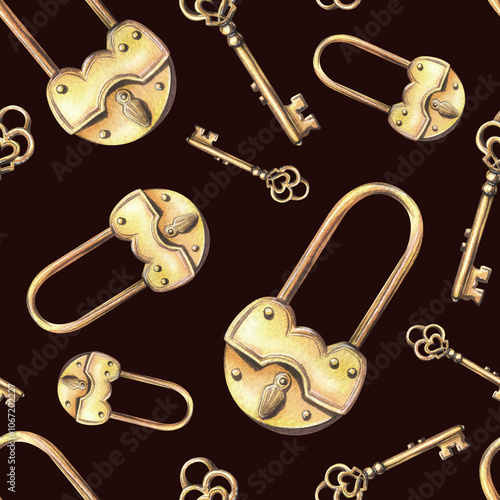 Golden metal lock with heart-shaped hole and key, retro vintage style romantic wedding and valentine's day set. Hand drawn watercolor illustration. Seamless pattern on dark background.