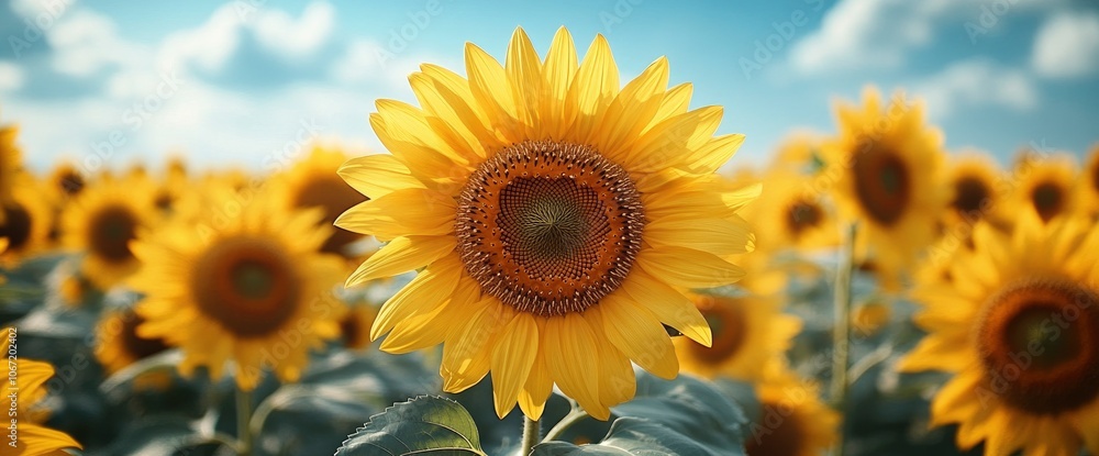 Fototapeta premium Sunflowers in a field under a blue sky