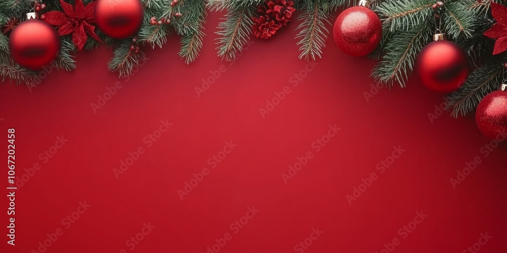 A row of red Christmas baubles and pine branches with pinecones on a plain red background. A minimalist and elegant festive composition. A row of red Christmas baubles and pine branches with pinecones on a plain red background. A minimalist and elegant festive composition.