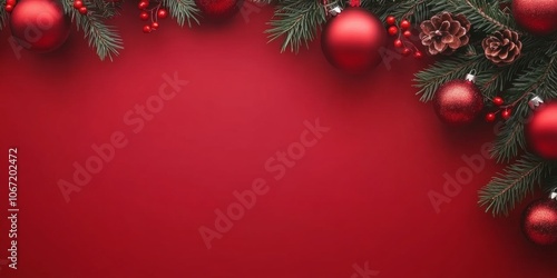 Wallpaper Mural A row of red Christmas baubles and pine branches with pinecones on a plain red background. A minimalist and elegant festive composition. Torontodigital.ca