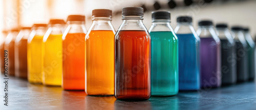 A vibrant array of colorful bottles filled with liquids, lined up against a bright background, showcasing various hues and textures.