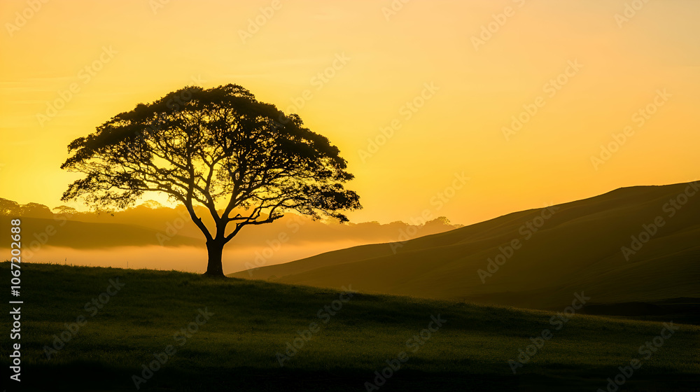 Fototapeta premium A lone tree silhouetted against a vibrant sunrise, with mist rolling through the valley.