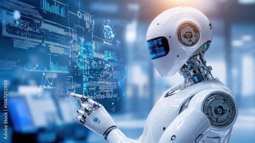 Futuristic Robot Operating Holographic Interface Futuristic Robot Operating Holographic Interface