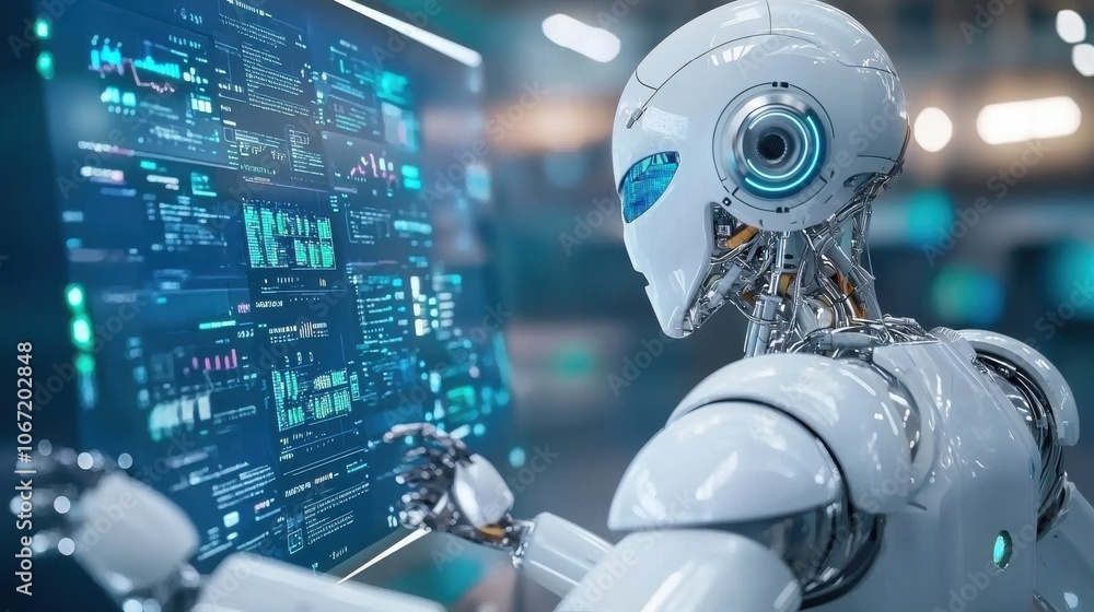 Futuristic Robot Operator Managing Holographic Display Futuristic Robot Operator Managing Holographic Display