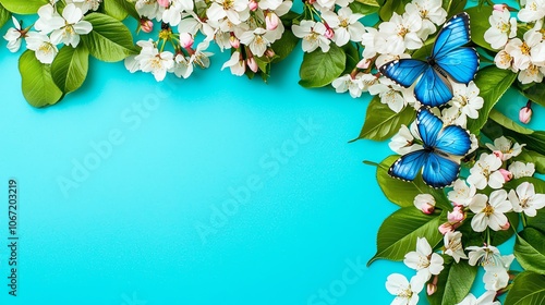 A vibrant image of blue butterflies resting on white flowers, surrounded by lush green leaves against a bright blue background.