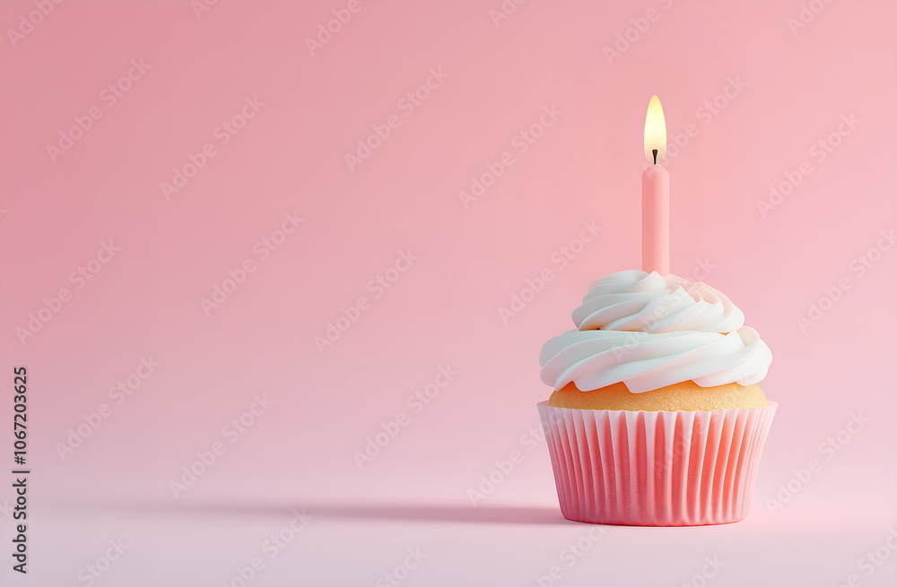 A single cupcake with a lit candle, set against a simple pastel background, minimalistic design A single cupcake with a lit candle, set against a simple pastel background, minimalistic design