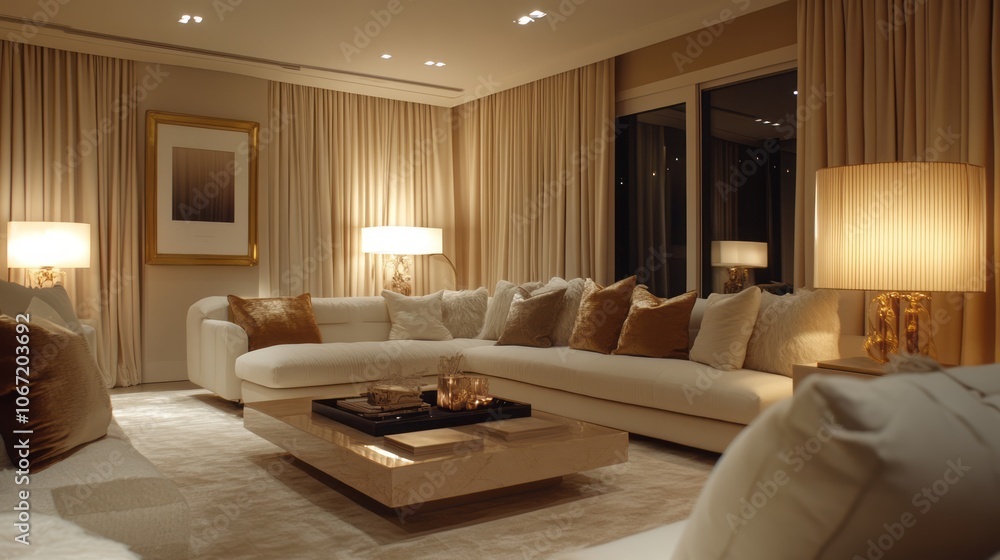 Fototapeta premium Luxurious Living Room with White Couch, Gold Accents, and Warm Lighting