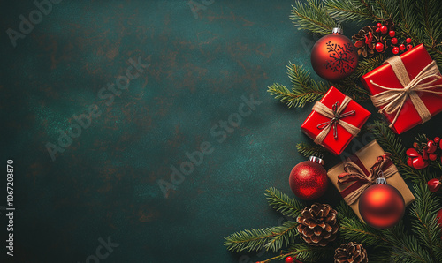 Christmas background with red Christmas ornaments, gifts, and pine branches on a green color background.